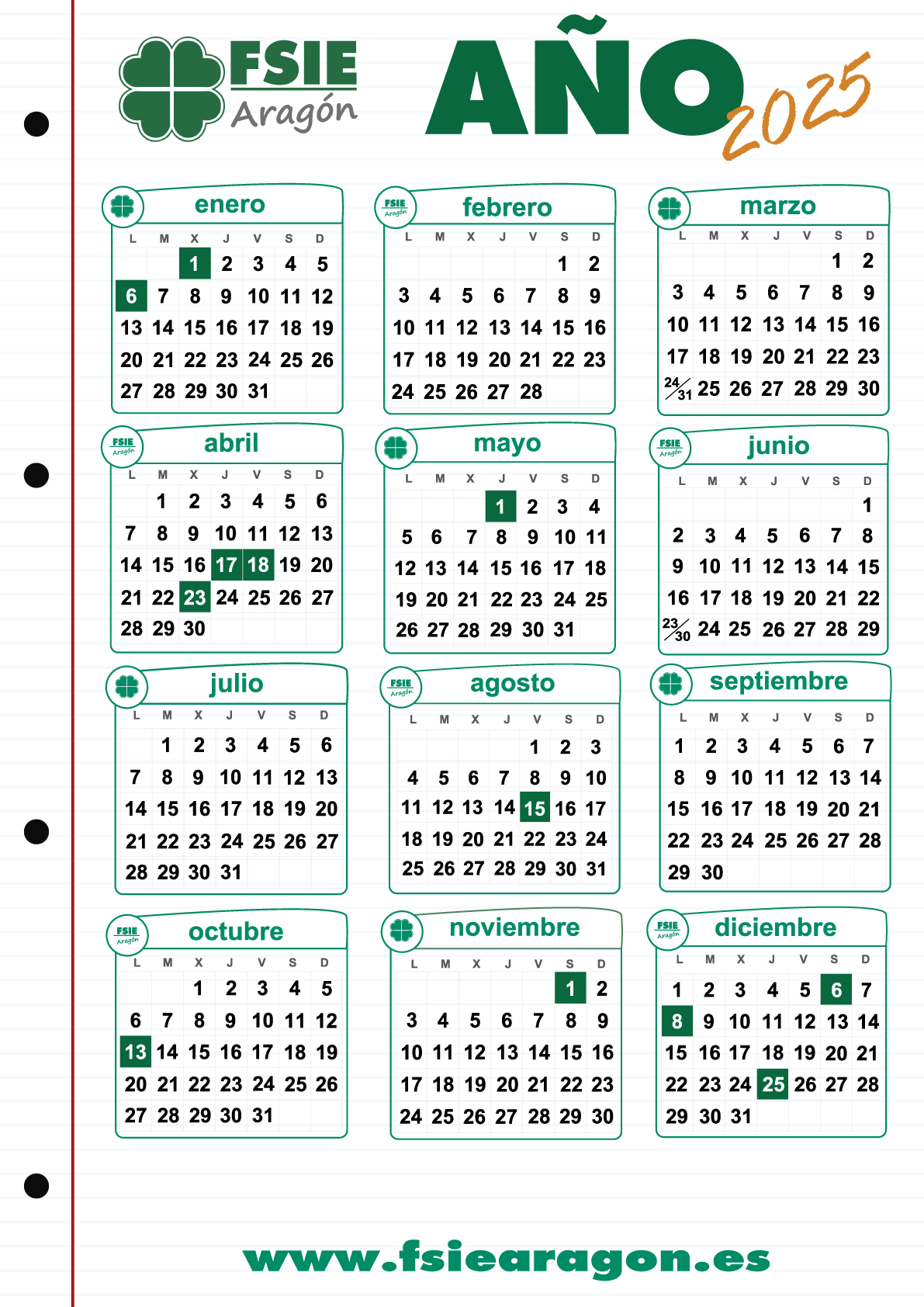 CALENDARIO anual 2025 meses verde laboral